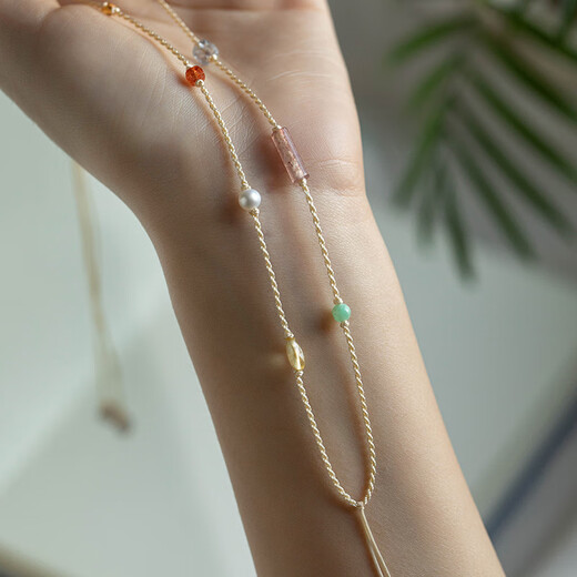 Only one pair of natural stone necklace rope gold lock jade hand-woven gold braided rope pendant clavicle chain versatile fresh niche style champagne color