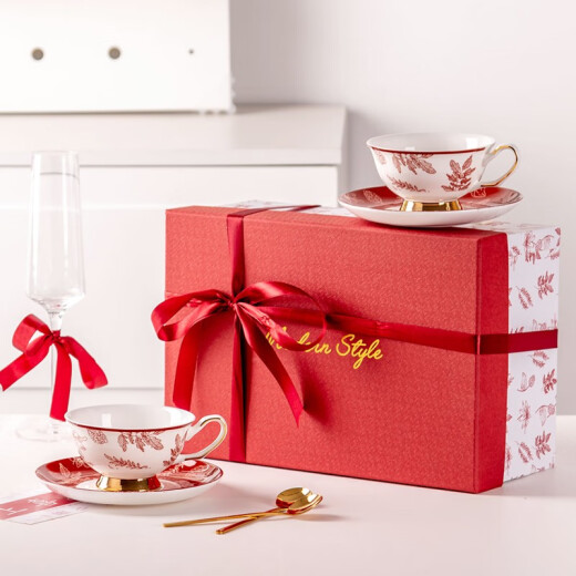 SUCCOHOMEWARE sent a Chinese style coffee cup set for home ceramic Chinese tea set afternoon tea drinking cup wedding gift box 2 coffee cups saucer spoon - all gold red gift box 0ml