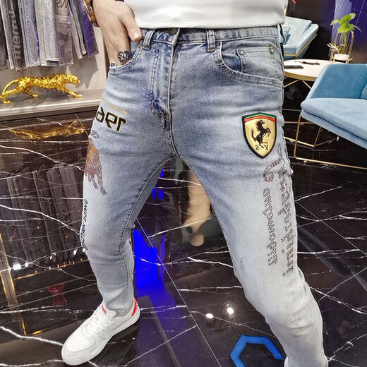 柯捷豪欧洲站秋季潮牌男士牛仔裤白色烫钻刺绣印章仔潮流修身弹力小脚裤 蓝色9908 36 (腰围2尺8)