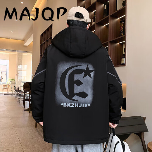 MAJQP夹克棉衣外套男加绒加厚秋冬款青少年男士宽松保暖连帽学生外套潮 719-加绒-黑色 L 100-115斤