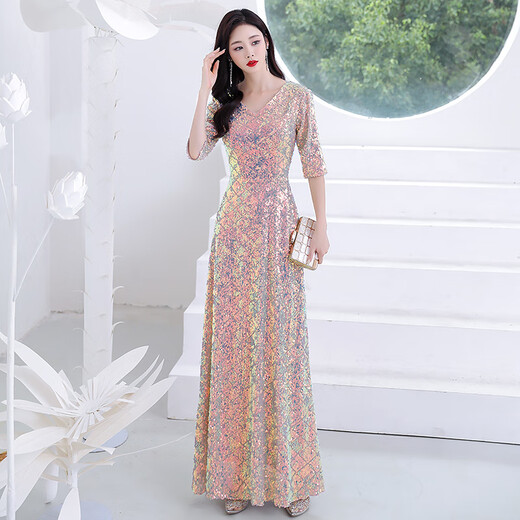 Mermaid shiny long dress, conducting piano performance, hosting evening wear, annual meeting, catwalk, art test, chorus, high-end long dress, color L