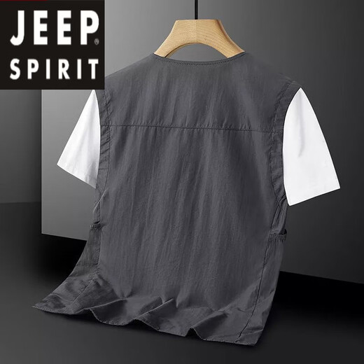 JEEP SPIRIT[无领]夏季男士马甲休闲多口袋轻薄款背心速干工装钓鱼背心坎肩装 灰色 XL 135-155斤
