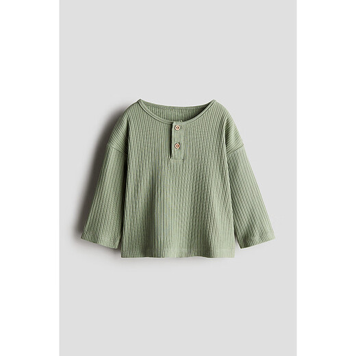 H&M children's clothing baby boy autumn ribbed henley cotton jersey long-sleeved top 1256083 green 90 52