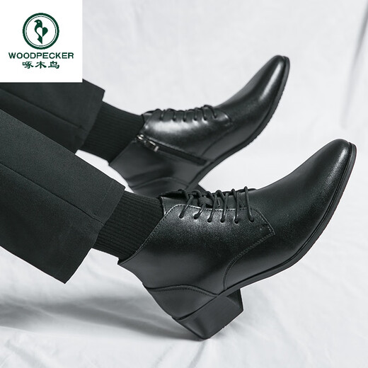 啄木鸟真皮马丁靴男韩版英伦商务内增高中帮高跟尖头发型师皮鞋高帮皮靴 2232棕色 42 标准皮鞋码