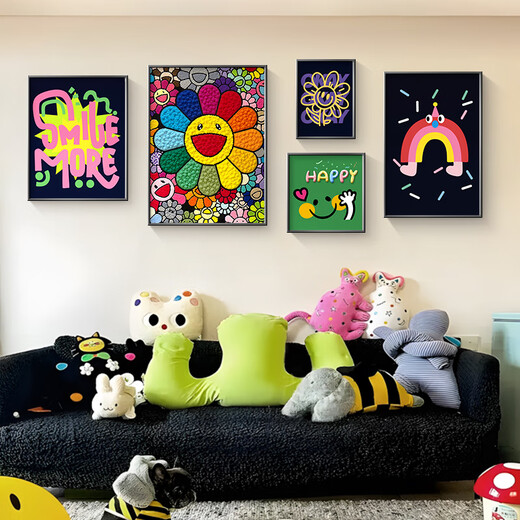 Long time no see dopamine living room decoration painting ins style niche art combination sunflower sofa background wall hanging painting