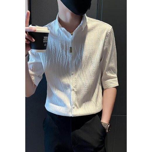 
Meloban summer ice silk short 7-quarter sleeve shirt men's trendy brand handsome men's clothing shirt Korean style slim 7-quarter sleeve shirt white L