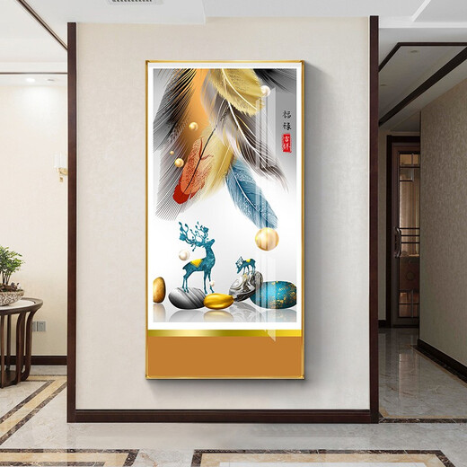 莫画泸林现代简约玄关装饰画正对门壁画走廊尽头挂画轻奢麋鹿过道入户门画 12-福禄吉祥12131 烤瓷镶钻80*160炫酷黑