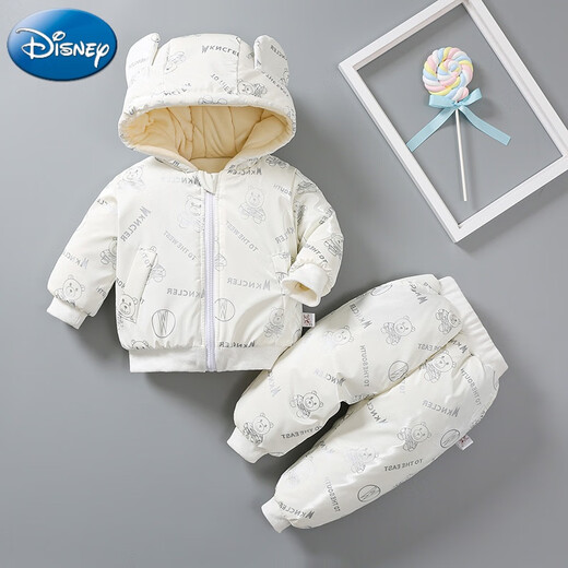 迪士尼（Disney）婴儿冬装棉衣套装加厚男0-1岁半2两件套衣服春秋季外出服宝宝棉袄 白色小熊帽衫两件套 加厚 90