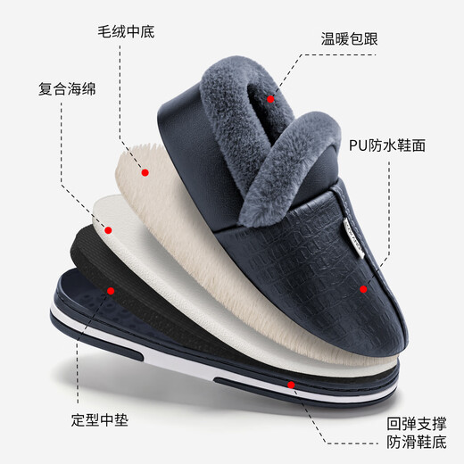 Aokang (Aokang) winter bag heel cotton slippers men's new Baotou large size waterproof anti-slip warm PU leather cotton shoes for women autumn and winter old people navy blue plus velvet splash-proof 42-43 suitable for sizes 41-42