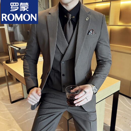 ROMON Striped Suit Men's Suit Business Casual Korean Style Slim Fashion Trend Versatile Groom Wedding Suit Brown/Single-piece Suit M