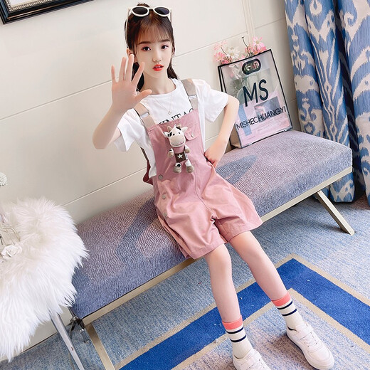 小咕嘟熊童装女童套装夏装中大儿童装休闲短袖两件套小女孩衣服背带裤服装 粉色 140