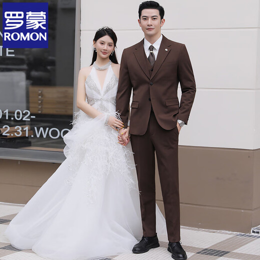 ROMON Wool Suit Suit Men's Business Casual Suit Men's Wedding Groom Groomsman Dress Professional Formal Jacket Single-breasted Dark Gray Three-piece Set Free Tie 2XL