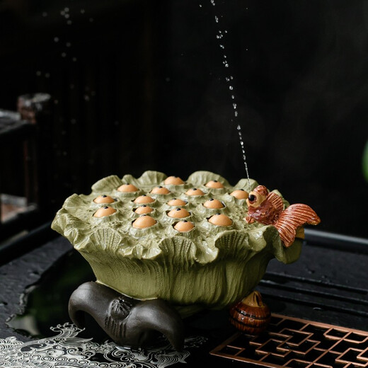 Jingfeng Pavilion Yixing original purple sand bean green mud goldfish lotus seed tea pet ornaments Senior engineer Jiang Jufang pure handmade tea ceremony accessories goldfish lotus seed bean green mud tea pet