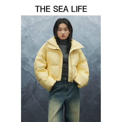 THE SEA LIFE 潮酷短款羽绒服PU皮外套女冬W13701 杏仁白 M
