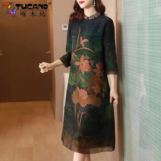 啄木鸟品牌女装旗袍真丝连衣裙女2025春秋胖美美遮肚显瘦香云纱妈i妈气 红色 9763 M 95-105斤
