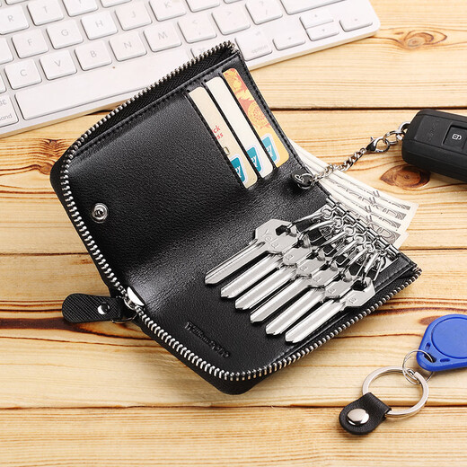 WILLIAMPOLO Emperor Paul genuine leather key bag for men's head layer leather zipper waist padlock bag Father's Day gift for dad Black-no-hanging buckle (6 locks, 4 cards, 1 car)