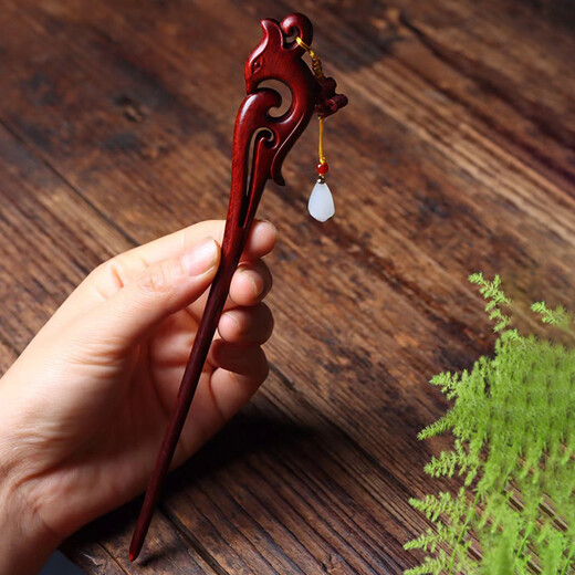 Indonesian red sandalwood phoenix pattern hairpin, ancient style Hanfu tassel hairpin, high-end daily hairpin, phoenix pattern tassel hairpin