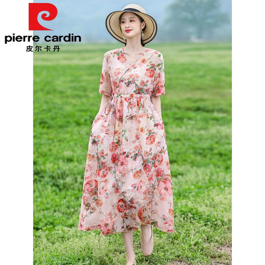 
Pierre cardin retro ethnic style women's long skirt summer age-reducing mother m mother suit lace waist slimming cotton linen dress floral dress 683 pink L