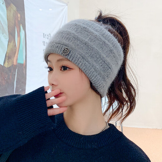 Shuangxi winter high ponytail hat with open top headband for women, autumn warm Japanese knitted wool, Korean version, versatile, black, elastic (54-60cm)