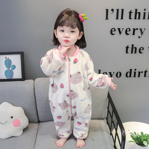 Papi Monkey children's one-piece pajamas coral velvet baby girl autumn and winter plus velvet thickened flannel crawler cartoon baby sleeping bag pink double layer 90 size recommended 1-2 years old (height around 85)