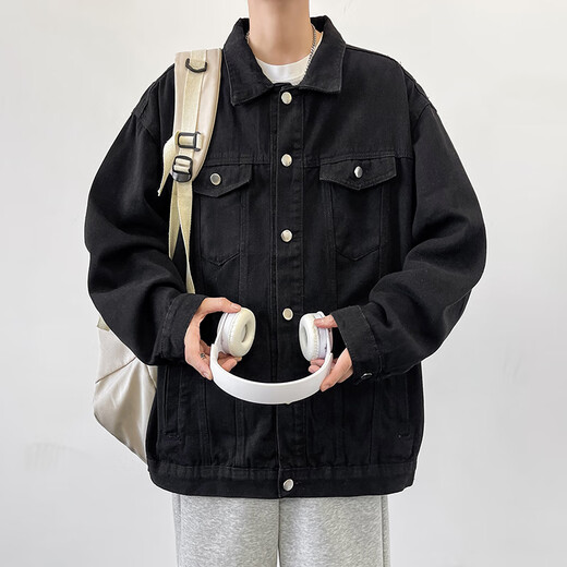 Dingfengbaoluo casual workwear denim jacket men's autumn and winter casual loose retro lapel versatile jacket HL38 black XL