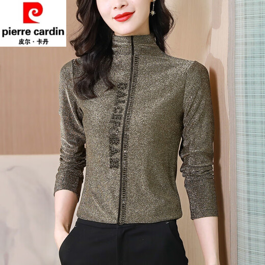 Pierre Cardin Spring and Automne High Neck Bright Silk Letter Base Mesh Base pour femmes Manches longues minces polyvalentes en dentelle mince en dentelle à la mode.