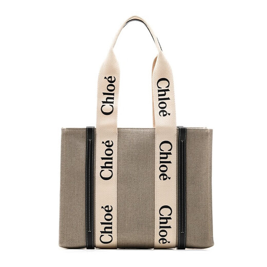 Chloe Woody -Serie Leinen Canvas Medium Damen -Umhängetasche Tasche Tasche Hellgrau 691J Einzelgröße