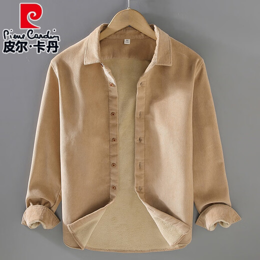 皮尔卡丹（pierre cardin）加绒加厚日系灯芯绒衬衫男秋冬季复古纯色保暖长袖条绒衬衣外套潮 杏色/9717翻.领普通厚度 M