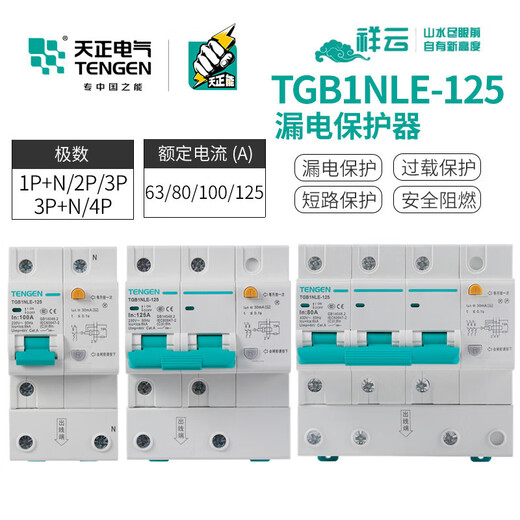 Tianzheng Electric TGB1NLE-125 air switch with leakage protection circuit breaker 2P single-phase 3P+N three-phase 4P 30MA 100ATGB1NLE-1251P+N