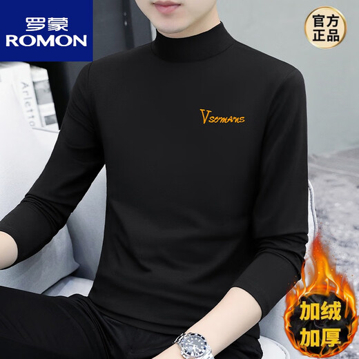ROMON autumn and winter half turtleneck bottoming shirt men's long-sleeved T-shirt pure cotton autumn clothing versatile plus velvet simple thickened thermal underwear black YP-C6187 plus velvet M