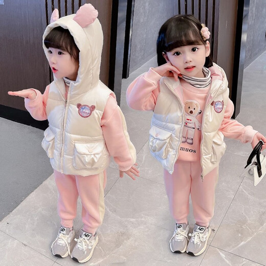 【三件套】乐芭鼠童装女童套装冬装加绒加厚儿童卫衣套装秋冬季婴幼儿女宝宝衣服1-8岁加厚外穿小童服装 粉色（白马甲+粉卫衣+粉裤子） 100码建议2-3岁 (身高90-100cm)