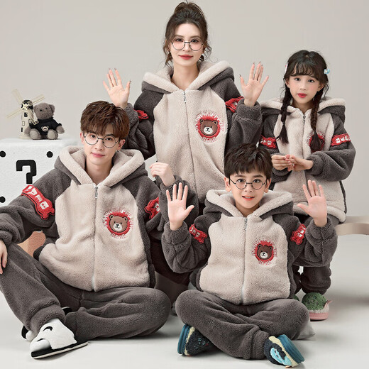 Eltern-Kind-Pyjama Winter verdickte vierköpfige Familie neuer Dinosaurier-Korallensamt Vater und Sohn Mutter und Tochter Kinderset Heimkleidung Y-3899 Buchstabe Braunbär mit Kapuze Reißverschluss Stil weiblich L Größe 160 ~ 165 ° C ca. 100-120 Jin Jin entspricht 0,5 kg