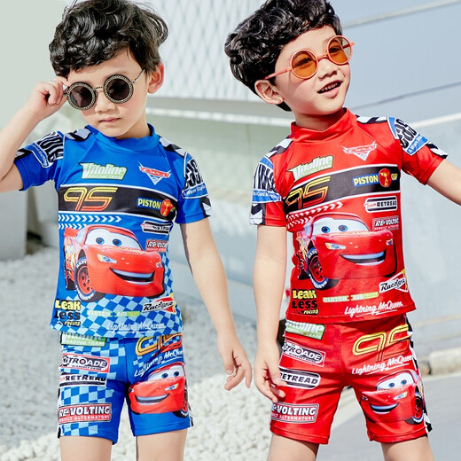 Zhidoudou Summer Boy Cartoon Badeanzug Kinder Split schnell trockener Sonnenschutz Medium-Big Kinder Cartoon Car Racing-Bewegung DXS-2677+Schwimmbrillen+Autoschuhe Bemerkungen Fuß Länge S All Size
