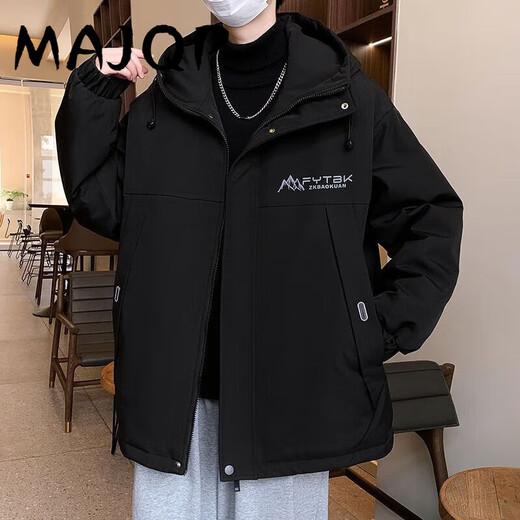MAJQP夹克棉衣外套男加绒加厚秋冬款青少年男士宽松保暖连帽学生外套潮 719-加绒-黑色 L 100-115斤