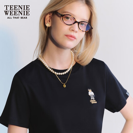 Teenie Weenie小熊女装夏季圆领短袖T恤简约时尚宽松松弛休闲上衣 黑色 160/S