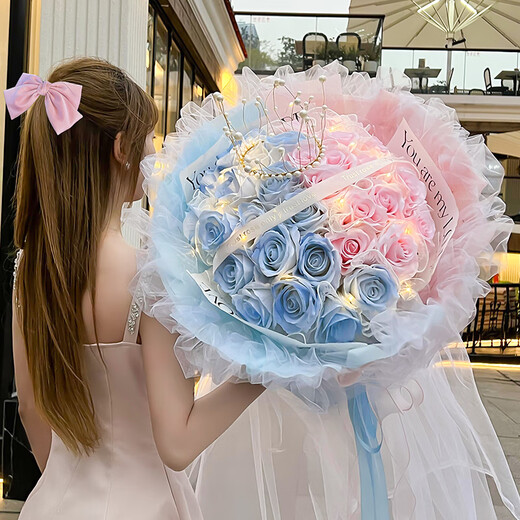 Huawang Flower Express Blumengeschenk gebrochenes Eisblau Rose Bekenntnis zum Liebesgeburtstagsgeschenk meiner Freundin am Tag [rosa blaue Liebe] 16 Broken Ice Blue + 17 Pink Rose Dy690