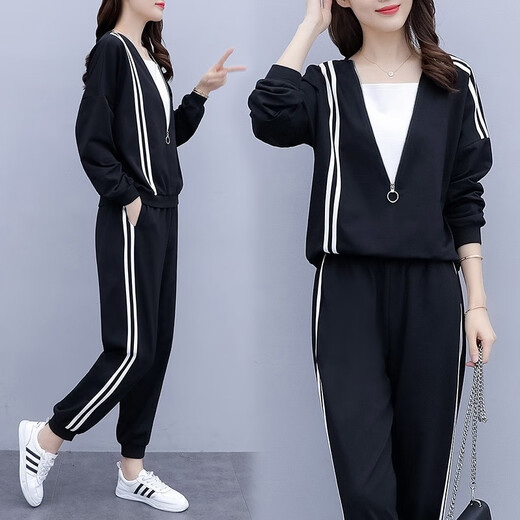 Pinhuifei Traje de verano para mujeres de gran tamaño Swearswear Sportswear ligeramente gordo MM adelgazante y escondite que cubre el vientre Traje de madre suelto de dos piezas 693 Negro [estilo de primavera y otoño] 4xl Jianyi regular 160-180Jin [Jin equivale a 0.5 kg]
