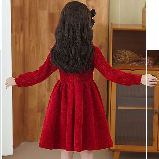 Disney (Disney) Spring Festival New Year Wear 26 New Autumn and Winter Girls Cheongsam Red Dress Velvet New Year Christmas Gift New Skirt Red Velvet Dress (without bag) 120