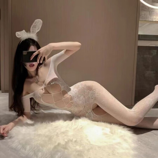 Lange Nacht, reiner und lustvoll weißer Seide Hosentender enger einteiliger Anzug, sexy schwarze Seide sexy verlockende Strümpfe für Frauen, hohl B schwarz