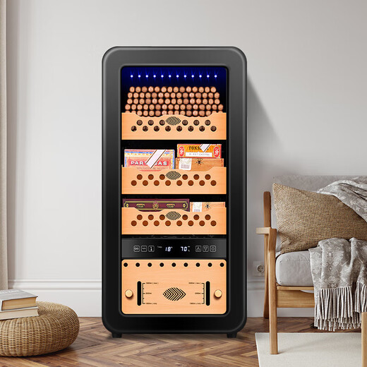 CIGARLOONG 48HC cigar cabinet with constant temperature and humidity, Spanish cedar shelf, naked alcoholized activated carbon, ammonia removal, curved small household silent inverter compressor cigar humidor, 48HC black cedar shelf + curved + constant temperature and humidity cigar cabinet
