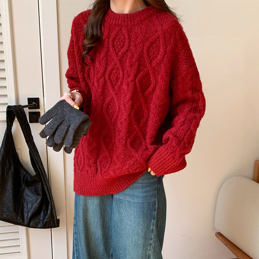 Ono Seven Days New Year and Christmas Red Sweater Women's Autumn and Winter Outerwear Loose Retro Twist Round Neck Short Lazy Pullover Sweater Red One Size