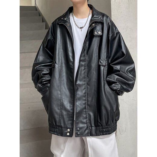 简方位皮衣外套男秋冬季美式复古痞帅炸街感宽松休闲机车服pu皮夹克 wjs-w9274黑色 L