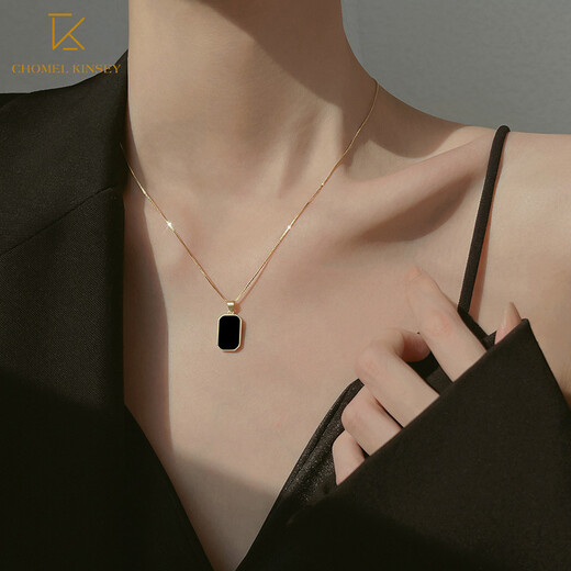 CHOMEL KINSEY Korean black square necklace for women, light luxury niche design, high-end silver clavicle chain Valentine's Day gift, black square necklace