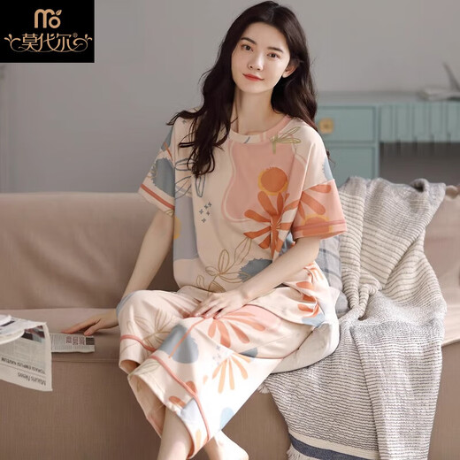 莫代尔睡衣女款2025新款夏季纯棉短袖七分裤女士夏天套装高雅家居服夏款 6189蓝花环兔子白裤 2XL