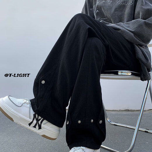 POUM American jeans men's autumn loose straight pants high street fashion brand casual wide-leg slightly flared trousers for men WKXS-K691 black XL