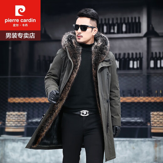 Pierre Cardin mink liner men's fur all-in-one genuine mink coat mid-length Haining whole mink removable fur coat mink liner fur sleeves military green outer cover XXL/180