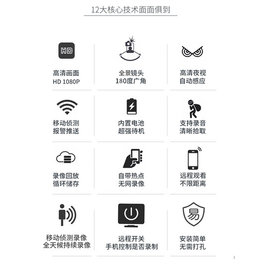 超清4K摄像头免插电家用无线手机远程监控器wifi小巧型监控摄线头 360全景视角画面+手机远程监控 8G内存(循环保存录像约1天)