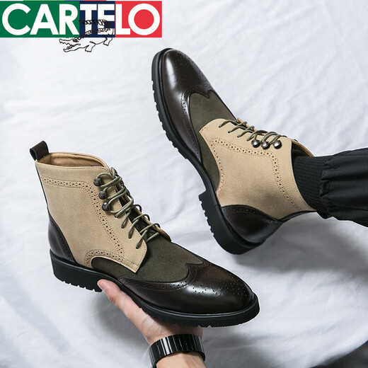 卡帝乐鳄鱼（CARTELO）秋冬加绒保暖切尔西靴男士尖头马丁靴英伦内增高男靴真皮短靴皮鞋 棕色(M841-2加绒增高款) 38