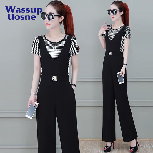
Simple position strap wide-leg pants for women 2025 summer new Korean style fashionable age-reducing black pendant feeling slimming suspender jumpsuit white top + overall pants set one size s 2 feet 1105Jin [Jin equals 0.5 kg]