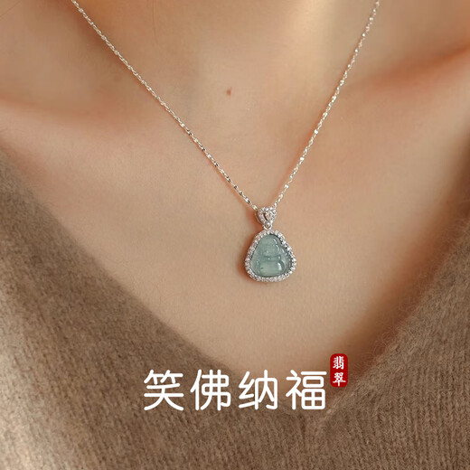 Hongzhuangnuo birthday gift blue water emerald Buddha silver necklace women light luxury clavicle chain pendant Christmas gift L2223 big belly Buddha silver pendant gift for best friend and girlfriend
